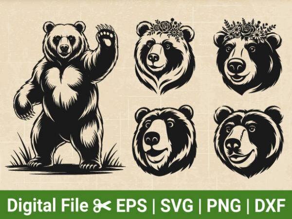 5 unique bear t-shirt design svg with floral elements, wild woodland animal, bold black & white art – trendy animal graphic. 5 unique bear t-shirt design svg with floral elements, wild woodland animal, bold black & white art – trendy animal graphic.