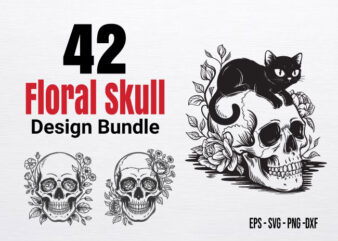 Floral Skull SVG Bundle, Skull with42 Flowers PNG, Gothic Skull Clipart, Cat on Skull SVG, Vintage Skull Vector, Halloween Skull Design