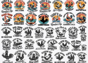 30 Funny Summer and Beach Themed T-shirt Designs Featuring Roosters, Summer Rooster Bundle, Cockfighting Rooster shirt.