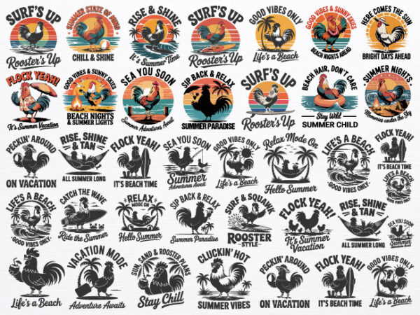 30 funny summer and beach themed t-shirt designs featuring roosters, summer rooster bundle, cockfighting rooster shirt.