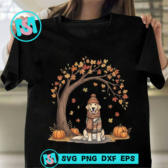 Golden Retriever Autumn PNG, Hello Autumn PNG, Dog PNG, Fall PNG Instant Download
