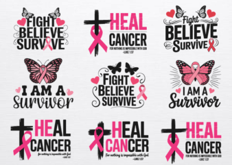 Empowering Breast Cancer Awareness T-Shirt Designs – awareness svg, Jesus s Fight, Believe, Survive with Inspirational Quotes & Pink Ribbons