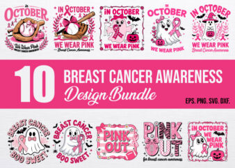 10 Breast Cancer Awareness Design Bundle with Pink Ribbon, Boo Sweet, Pink Out, Halloween Themed, October Awareness, Baseball and Ghost Desi