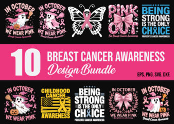 10 Breast Cancer Awareness svg Bundle with Pink Ribbon, Halloween, Butterfly, Childhood Cancer, and Prostate Cancer Awareness svg.