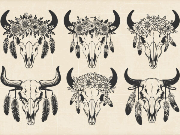 Boho floral skull with feathers, bull skull design for t-shirts, vintage western graphic art, bohemian style animal skull shirt design Boho floral skull with feathers, bull skull design for t-shirts, vintage western graphic art, bohemian style animal skull shirt design