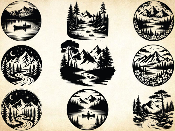 River scene svg bundle, mountain river svg, nature landscape dxf t shirt design online