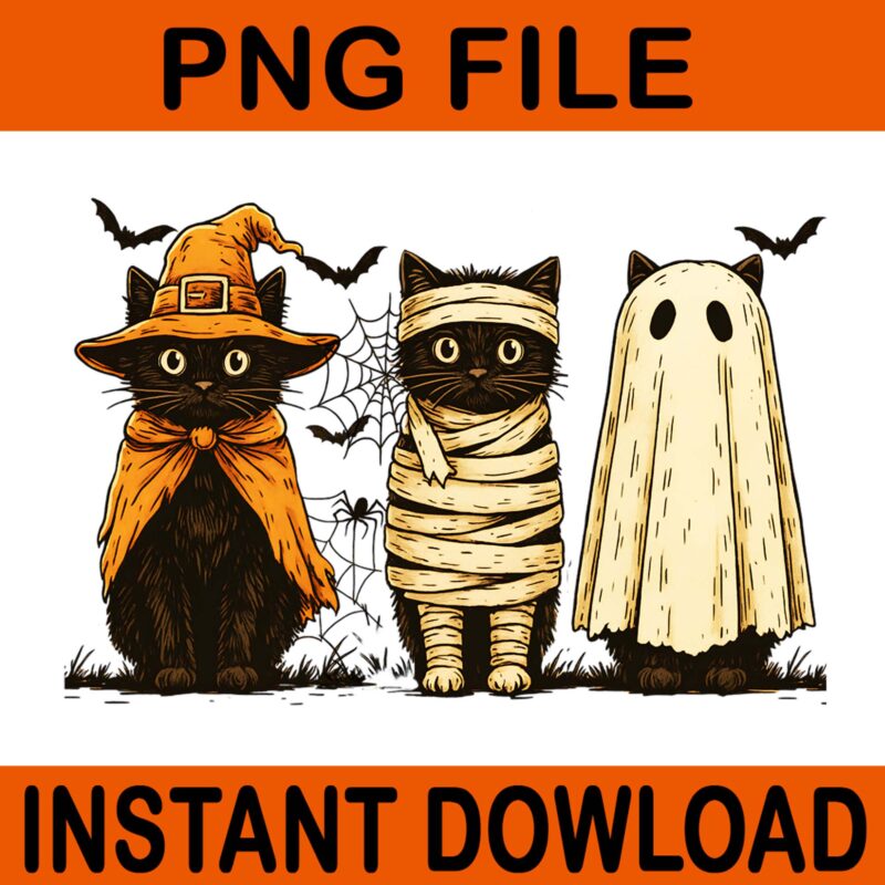 Black Cat Pumpkin Ghost Cat Retro Halloween Gothic PNG