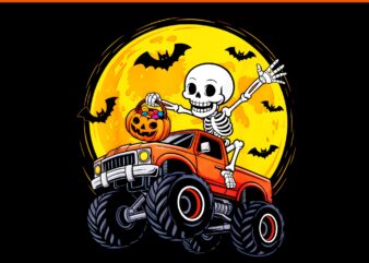 Skeleton Monster Truck Moon Pumpkin Halloween PNG