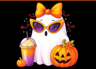 Spooky Ghost Drinking Pumpkin Iced Coffee Halloween Bow PNG