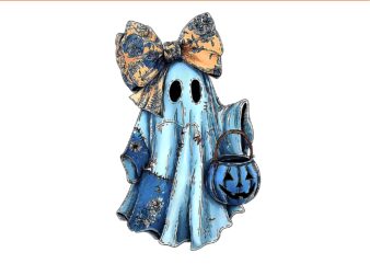 Blue Denim Ghost PNG, Cute Halloween Blue Denim Ghost Boo Patchwork PNG, Girly Halloween Blue Denim Floral Pumpkin Preppy Ghost Bow PNG