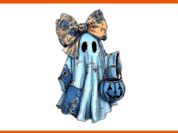 Blue denim ghost png, cute halloween blue denim ghost boo patchwork png, girly halloween blue denim floral pumpkin preppy ghost bow png t shirt template