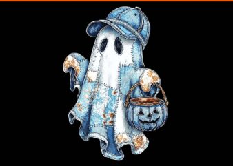 Retro Blue Denim Boo Ghost Halloween Denim Patchwork PNG