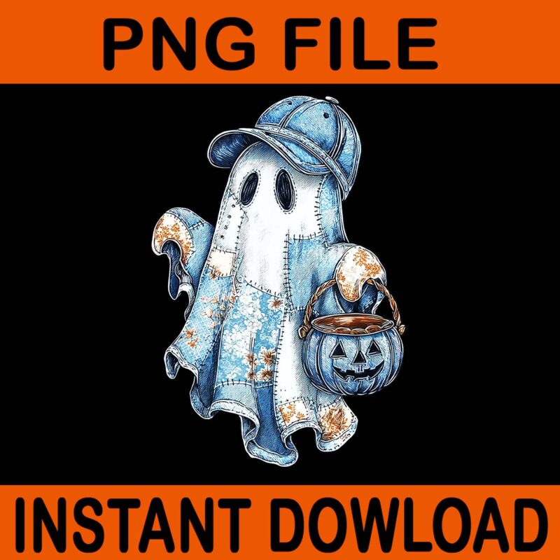 Retro Blue Denim Boo Ghost Halloween Denim Patchwork PNG