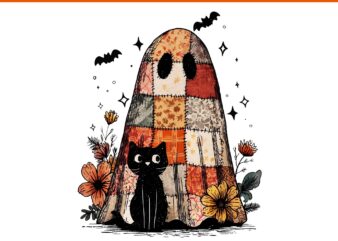 Patchwork Ghost And Cat Halloween Denim PNG, Cute Halloween Blue Denim Ghost Boo Patchwork PNG