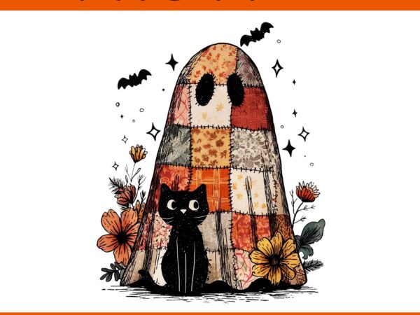 Patchwork ghost and cat halloween denim png, cute halloween blue denim ghost boo patchwork png t shirt illustration