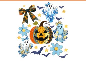 Retro Halloween Blue Denim Ghost Patchwork Spooky Coquette PNG