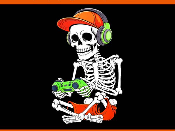 Cool skeleton gamer png, video gaming halloween png t shirt vector file