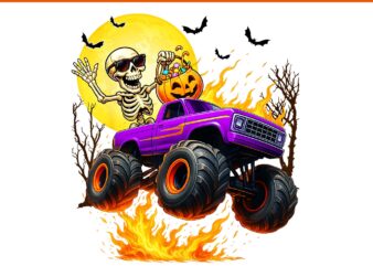Spooky Skeleton Riding Monster Truck Halloween PNG