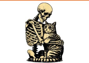 Skeleton Hugging Cat Scary Halloween PNG
