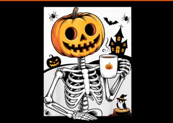 Skeleton Pumpkin Drinking Coffee Halloween PNG