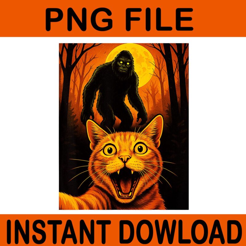 Scared Cat Selfie With Zombie Bigfoot Sasquatch Halloween PNG