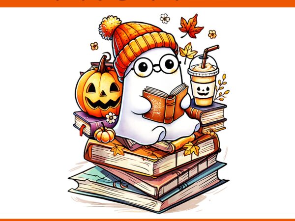 Cute ghost reading book lovers autumn fall halloween png, ghost raglan baseball png t shirt vector file