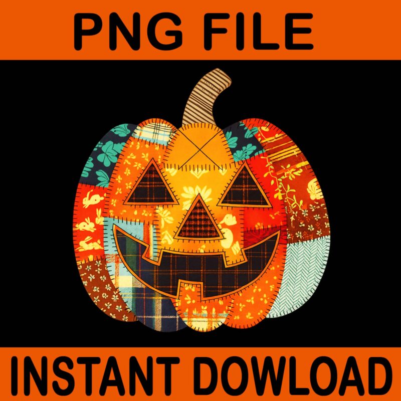 Vintage Patchwork Pumpkin Halloween Quilt Face PNG