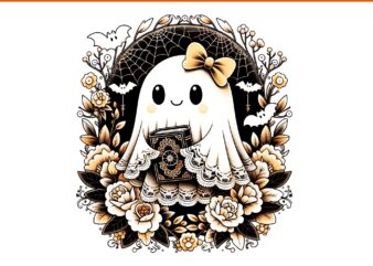 Cute Ghost Holding Vintage Book Halloween PNG