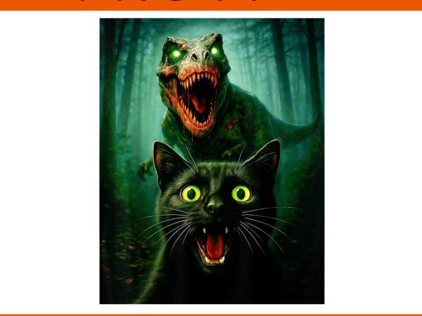 Scared cat selfie with zombie t-rex dinosaur halloween png t shirt template vector