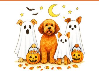 Cute Dog Ghosts Halloween Trick or Treat Design PNG