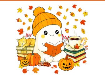 Ghost Reading Book Lovers Autumn Fall Halloween PNG