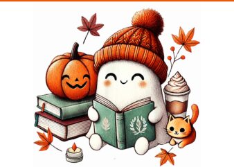 Cute Ghost Cat Reading Book Lovers Halloween PNG