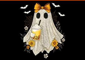 Cute Lace Ghost Bow Drinking Coffee Halloween Ghost Floral PNG