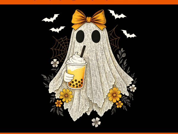 Cute lace ghost bow drinking coffee halloween ghost floral png t shirt vector file