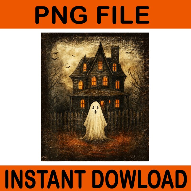 Vintage Ghost Boo Haunted House Halloween PNG