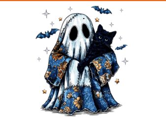 Halloween Blue Denim Ghost Black Cat Patchwork Ghost Bow PNG