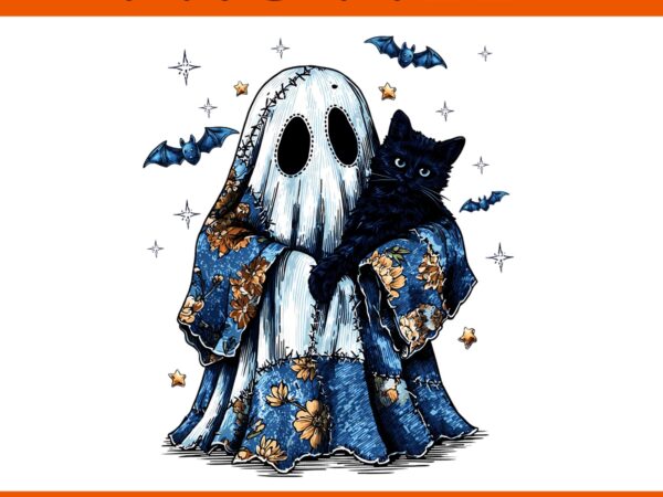 Halloween blue denim ghost black cat patchwork ghost bow png graphic t shirt
