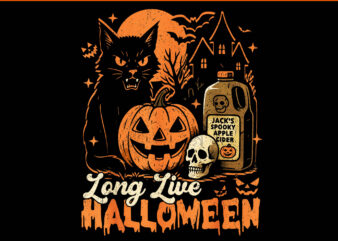 Long Live Halloween PNG, Funny Pumpkin Halloween Black Cat PNG
