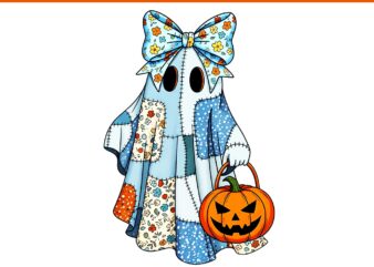 Blue Denim Ghost Spooky Season Coquette Bow PNG