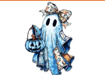 Blue Denim Ghost PNG, Cute Halloween Blue Denim Ghost Boo Patchwork PNG, Girly Halloween Blue Denim Floral Pumpkin Preppy Ghost Bow PNG
