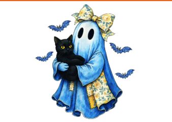 Halloween Blue Denim Ghost Patchwork Ghost Black Cat PNG