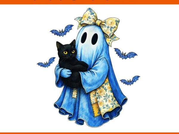 Halloween blue denim ghost patchwork ghost black cat png graphic t shirt