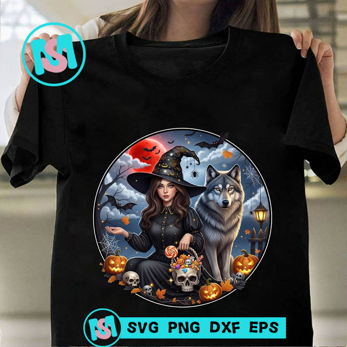 Witch and Wolf PNG, Beautiful Witch PNG, Magical Witchy Png, Retro Witches Halloween Png