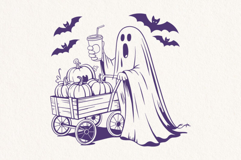 Halloween T-Shirt Designs – Creepin’ It Country Ghost, Local Witches Support, Ghost with Pumpkin Cart