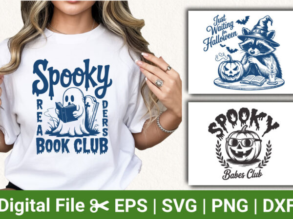 Spooky halloween t-shirts, spooky book club designs, just waiting for halloween tees, raccoon with pumpkin graphic, spooky babes club pumpki