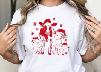 Farm Animals Christmas T-Shirt Design – Santa Hat Cow, Pig, Chicken, and Duck, Festive Farm Holiday Shirt, Rustic Christmas Farm Animals