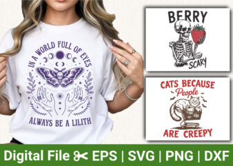 Mystical halloween shirt designs - lilith moth, berry scary skeleton, creepy cat humor tee