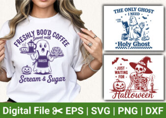Halloween t-shirt designs - boo'd coffee ghost barista, holy ghost, waiting for halloween skeleton