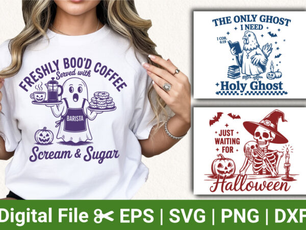 Halloween t-shirt designs – boo’d coffee ghost barista, holy ghost, waiting for halloween skeleton