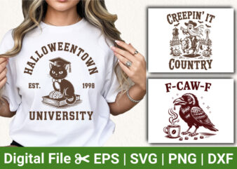Halloween t-shirt designs - halloweentown university cat, creepin' it country ghost, f-caw-f coffee crow